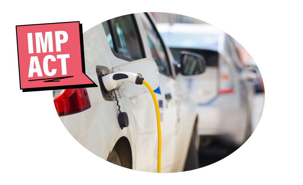 A white electric car being charged.