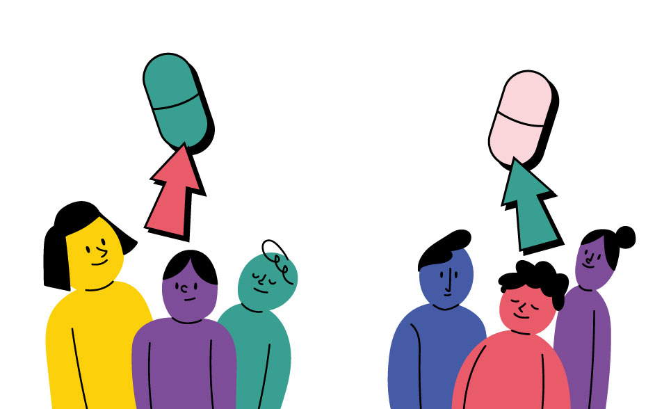 An illustration showing 2 groups of people. one group took a real dose of a medication whilst the other took a placebo pill.