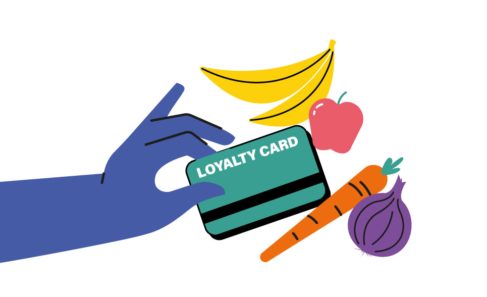 An illustration of a hand holding a loyalty card surrounded by fruits and vegetables.