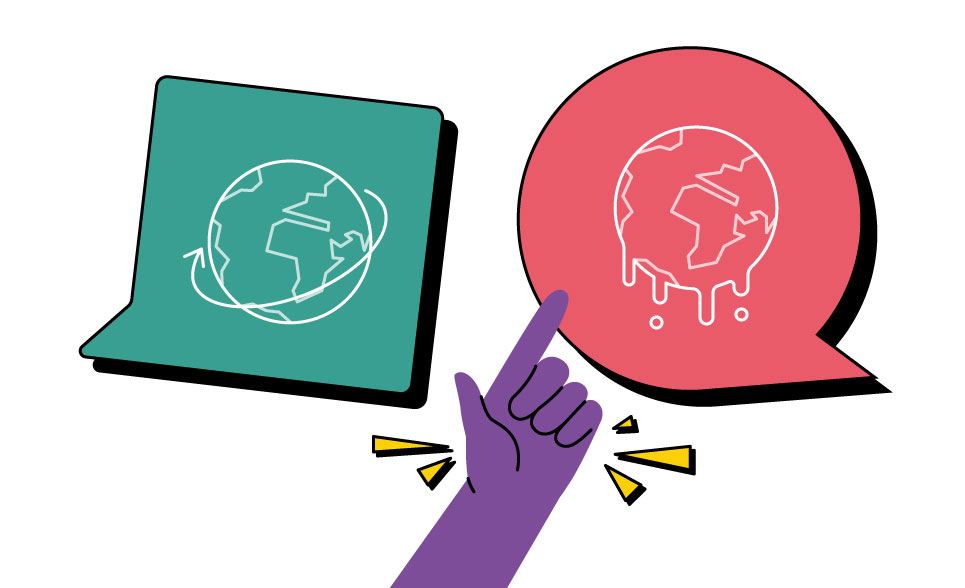 An illustration of two earths, one is turning normally whilst the other is melting. A hand is pointing to the second, melting earth.