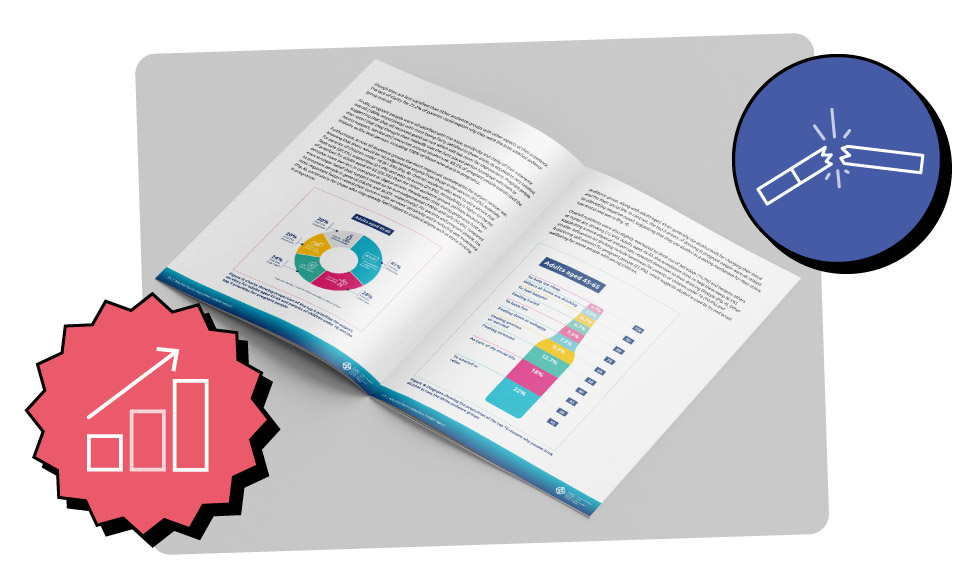 A report open to show two pages which feature infographics.