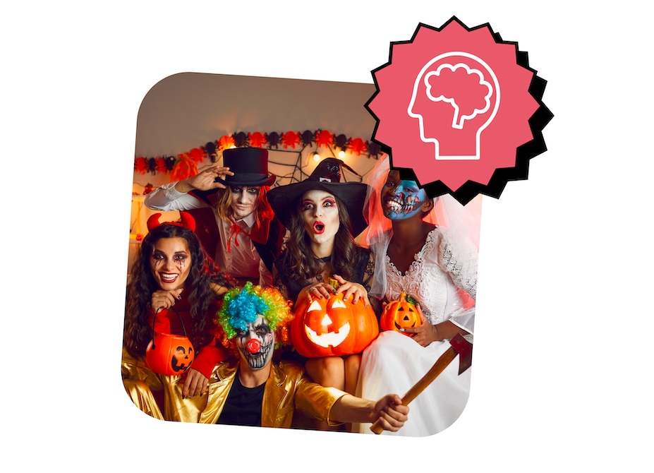 A group of people wearing different Halloween costumes.