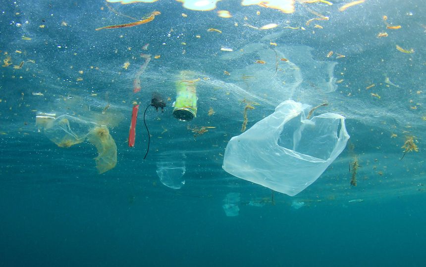 An underwater shot of a plastic carrier bag, an empty food can, a charging cable and various pieces of rubbish floating on the water surface.