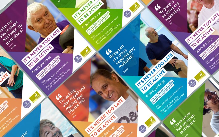 A montage of campaign posters featuring an elderly person being active and a motivational quote.