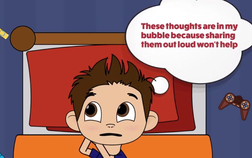 Still of the Just Talk Hertfordshire animation: a young boy with a thought bubble is lying in bed.