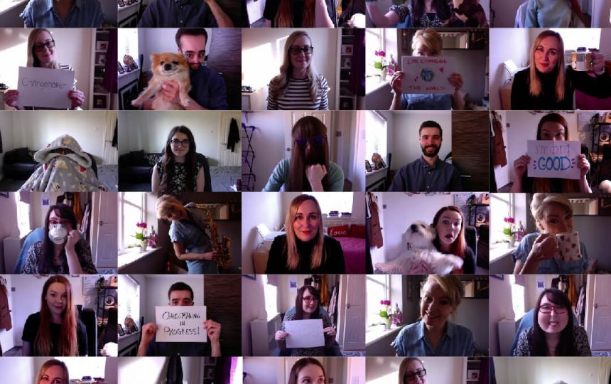 A montage of different photos of each of the Social Change UK team members in various positions.