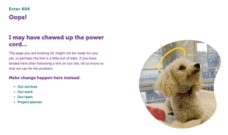 Image of a 404 page with a dog