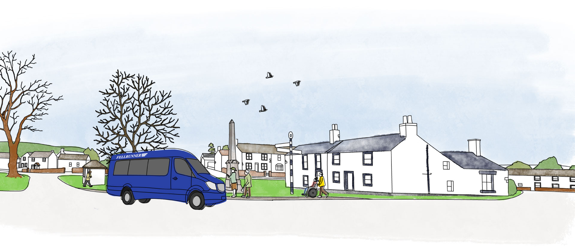 An illustration of a village showing residents queuing to board a community bus.