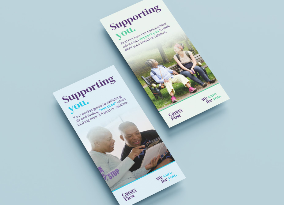 2 campaign branded DL flyer covers featuring photos of carers and their care-users.