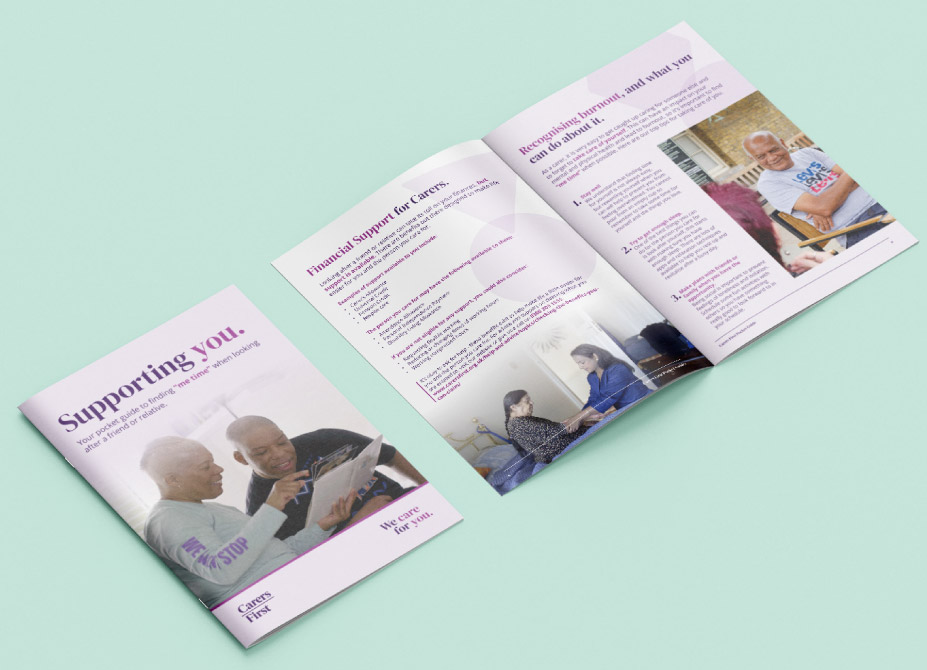 Campaign branded guide book for carers featuring imagery of care-givers and their care-users.