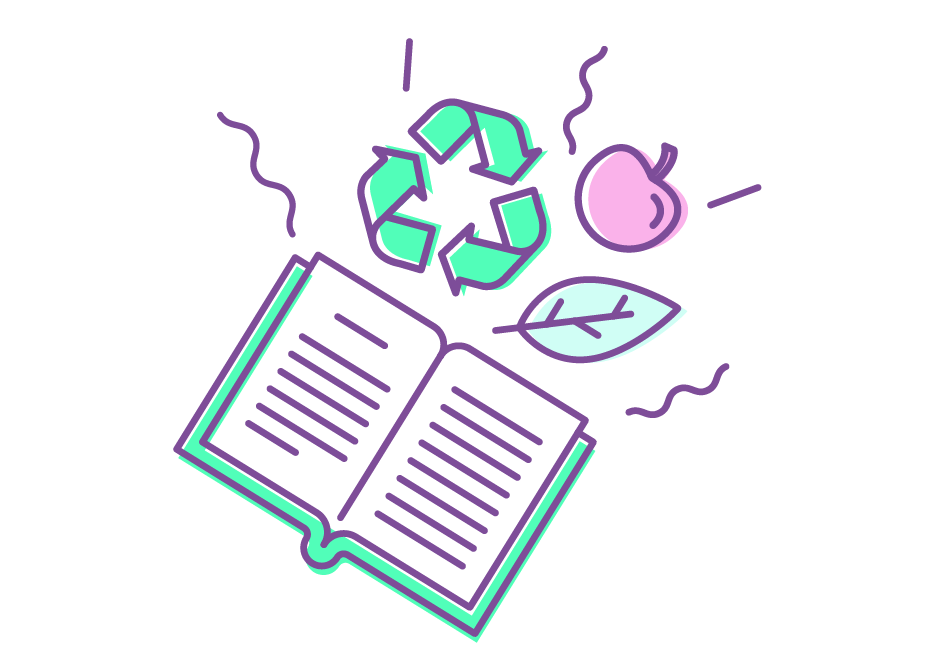 An open book alongside an apple, a leaf and the recycling icon.