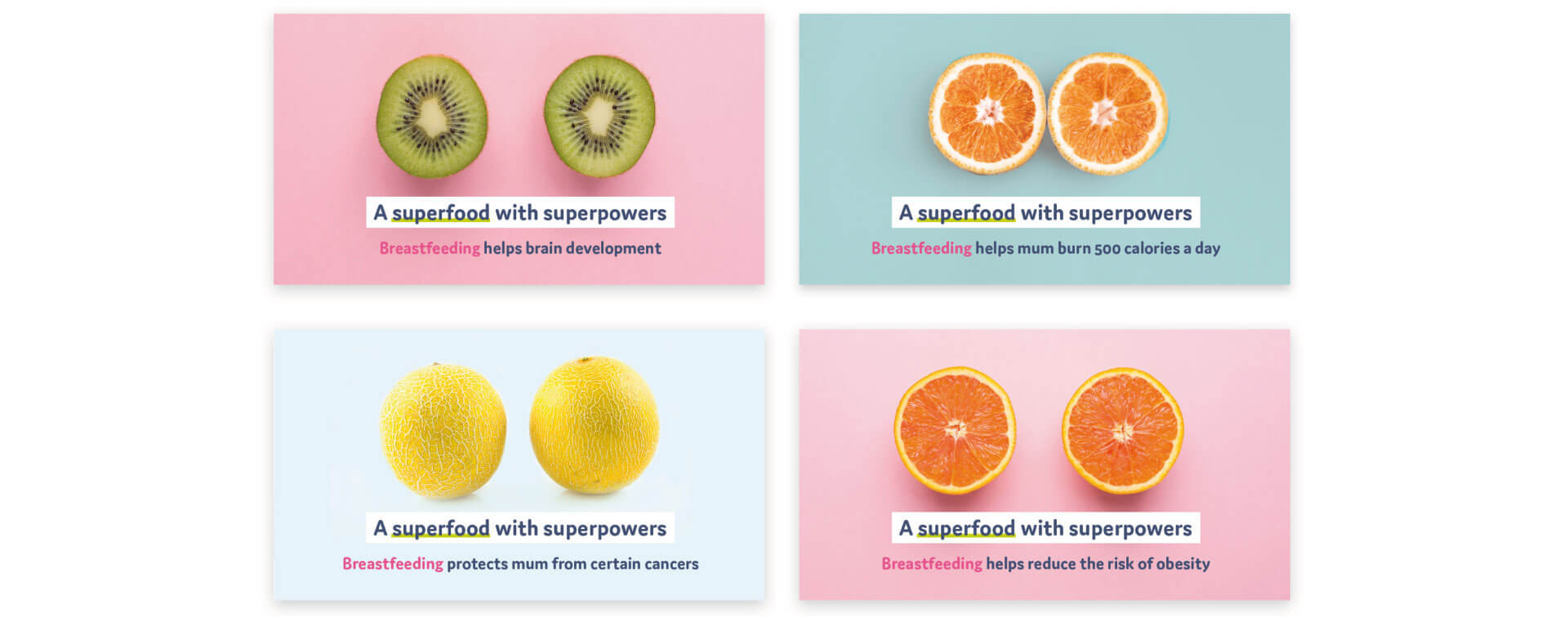 Four images of fruit positioned to resemble breasts and information around breastfeeding.
