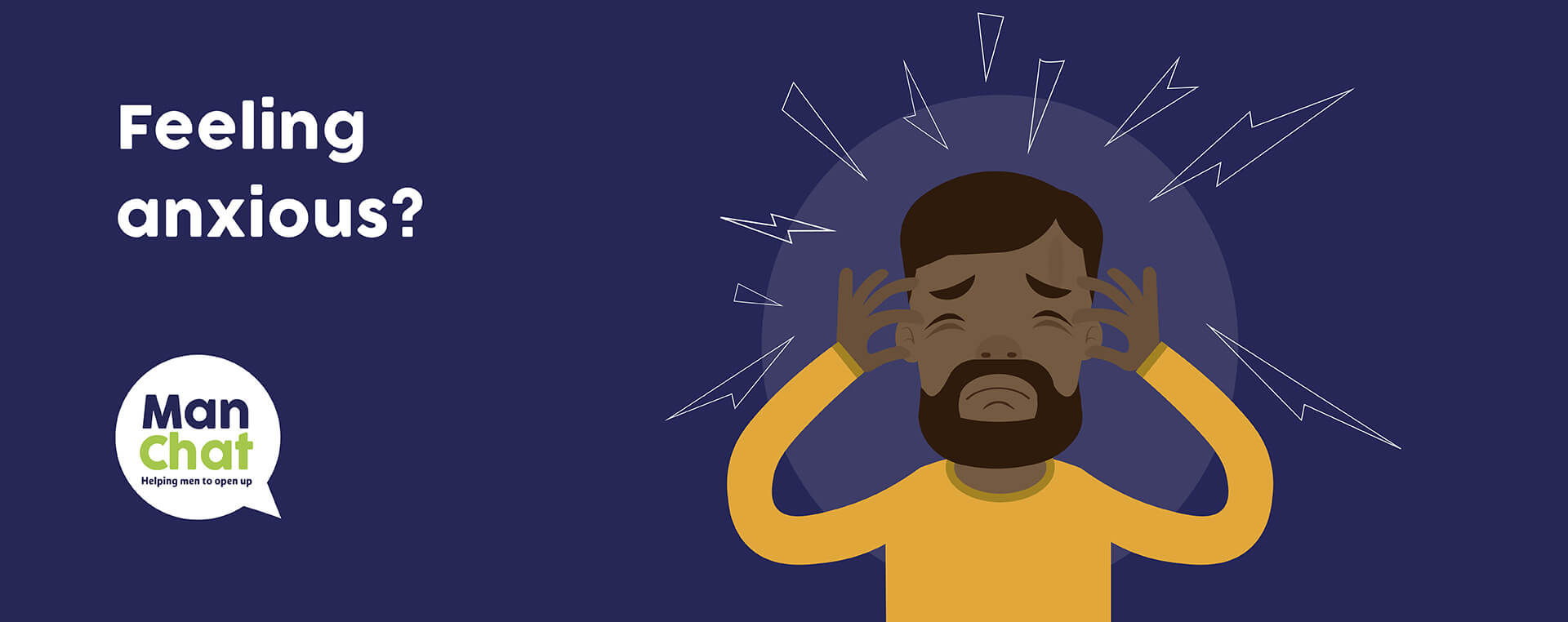 A man massages his head during a headache alongside text posing the question; 'feeling anxious?'