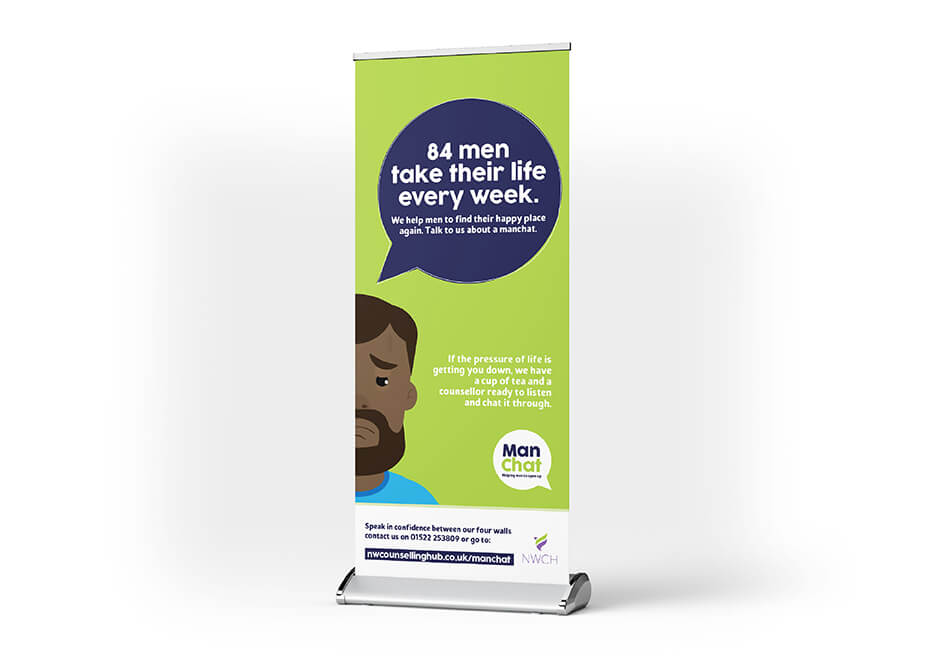 A campaign pop-up banner depicting a disheartened man alongside a statistic about suicidal men.