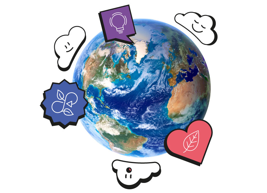 The earth with illustrations of smiling clouds around it and sticker graphics.