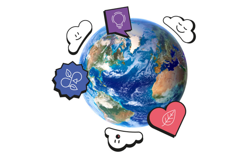 The planet earth on a white background, surrounded by illustrated clouds and icons.