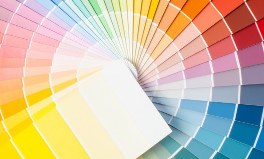 A large number of rainbow coloured paint colour swatches are fanned out in a circle.