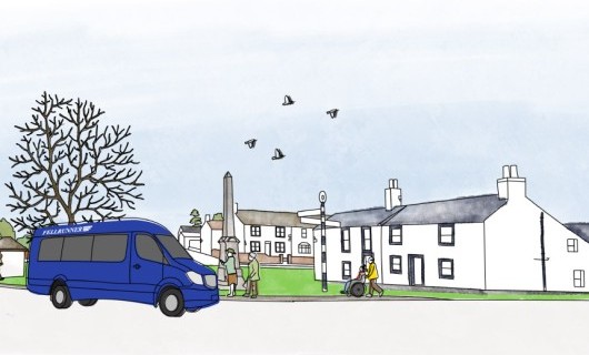 An illustration of a village showing people queueing up to board a community bus.