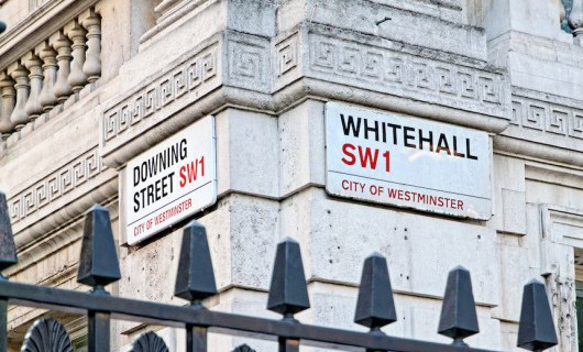 Road signs for Downing Street and Whitehall are displayed on the corner of a building.