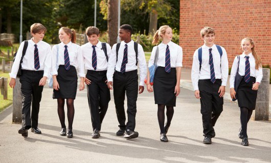 Seven secondary school boys and girls walking in a line on a path, wearing matching school uniforms.