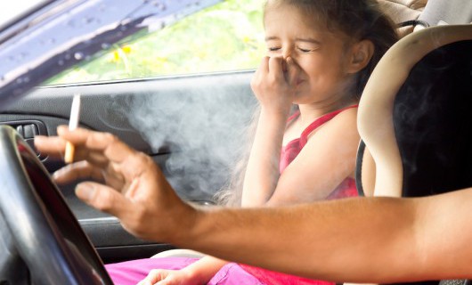 A child is sat in a car's passenger seat holding her nose against the driver's cigarette smoke.