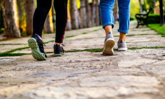 Two pairs of trainers walk through a park.