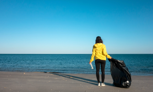 Person litter picking at the beach, stood on the sand, facing the sea