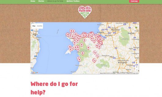 An interactive map from the Quit for Them campaign website, pinpointing pharmacies.