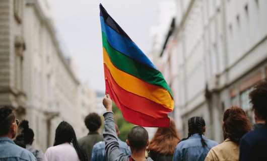 Person holding a rainbow pride flag in a small crowd.