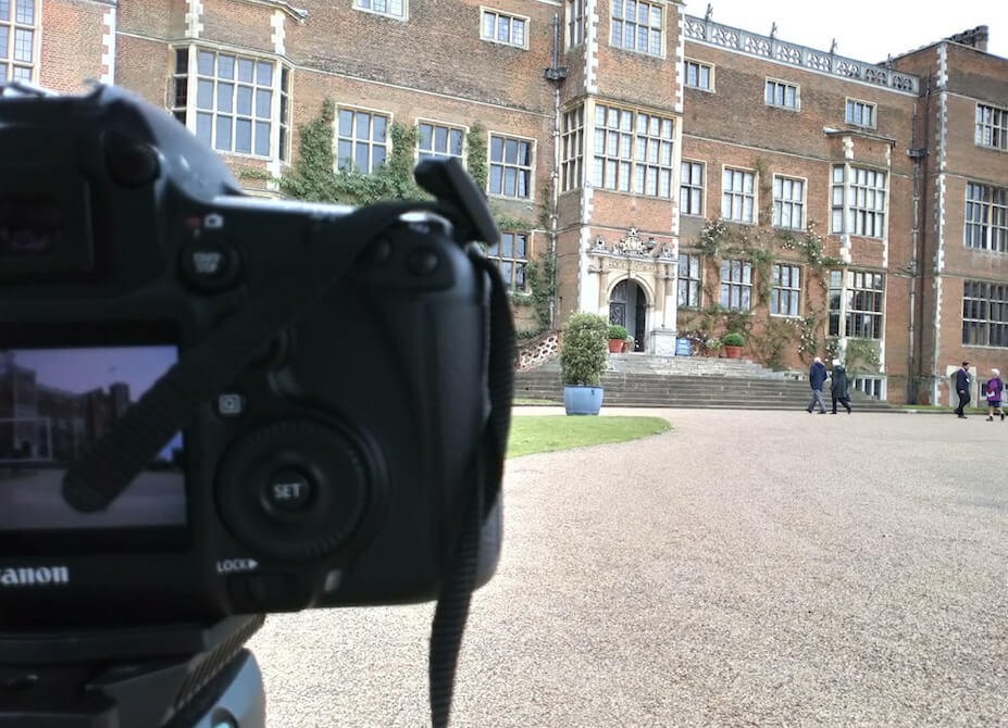 A camera aimed at Hatfield House in Hertfordshire while shooting on location.