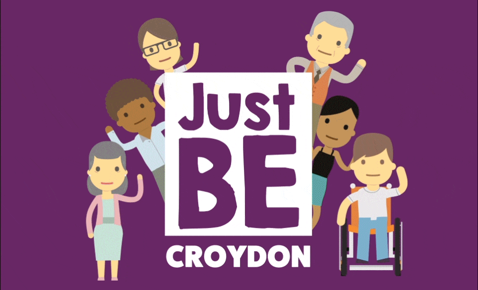 JustBe Croydon logo with animated characters waving around it.