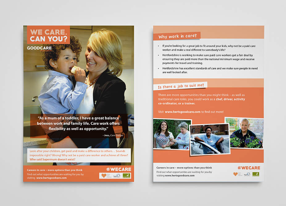 Designs for the front and back of a flyer for the Good Care campaign.
