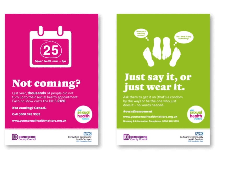 Changing mockups of various poster designs for the Derbyshire sexual health campaign.