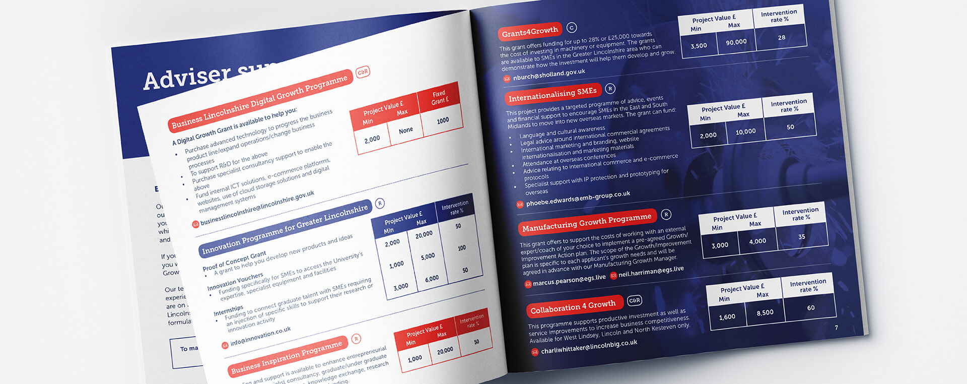An opened business growth guide revealing pages detailing different growth support programmes.