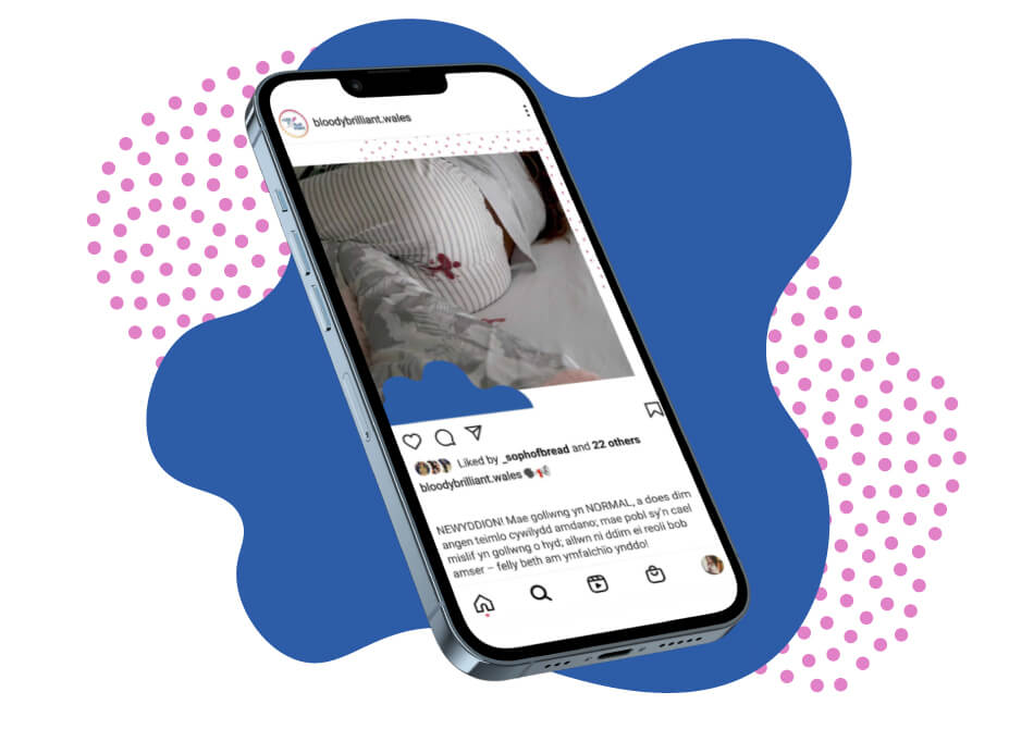 A mobile phone showing the Bloody Brilliant Instagram feed with a photo of a young person in their bed with period blood on their trousers and bed