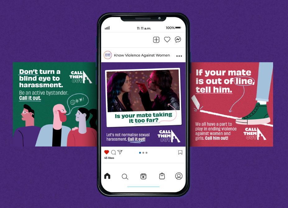 A mockup showing 3 campaign branded social media post designs using imagery and text urging men to call out their friends for misogynistic and harassing behaviour.