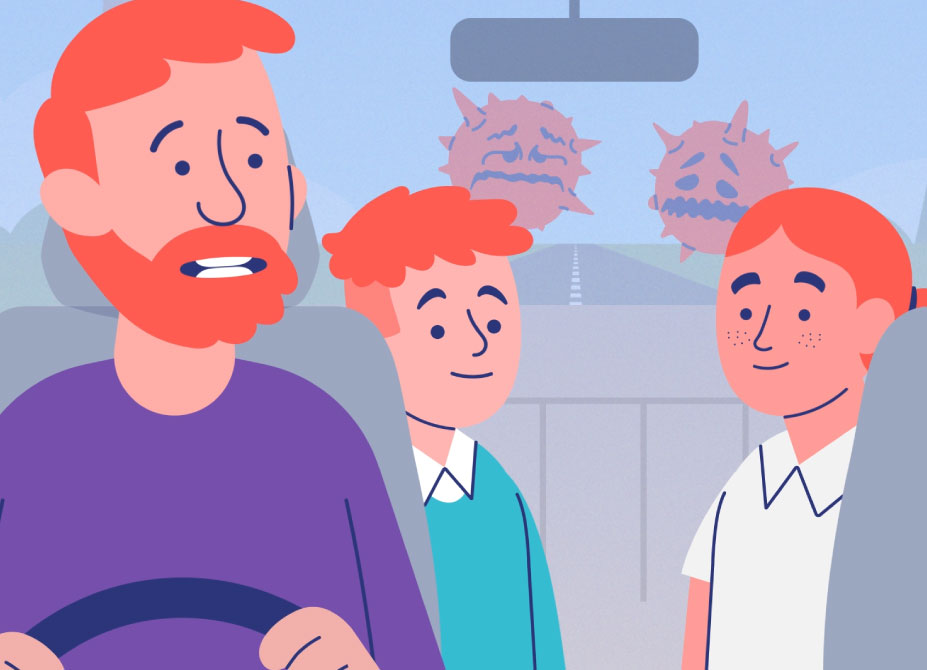 A still from the animation showing a father talking to his two children in the back of a car. Two unhappy Flu viruses look on from behind the back window.