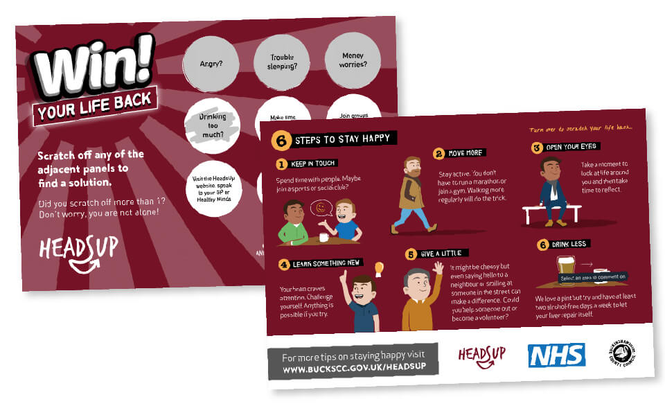 Front and back sides of a scratch card made for the campaign featuring steps to stay happy.
