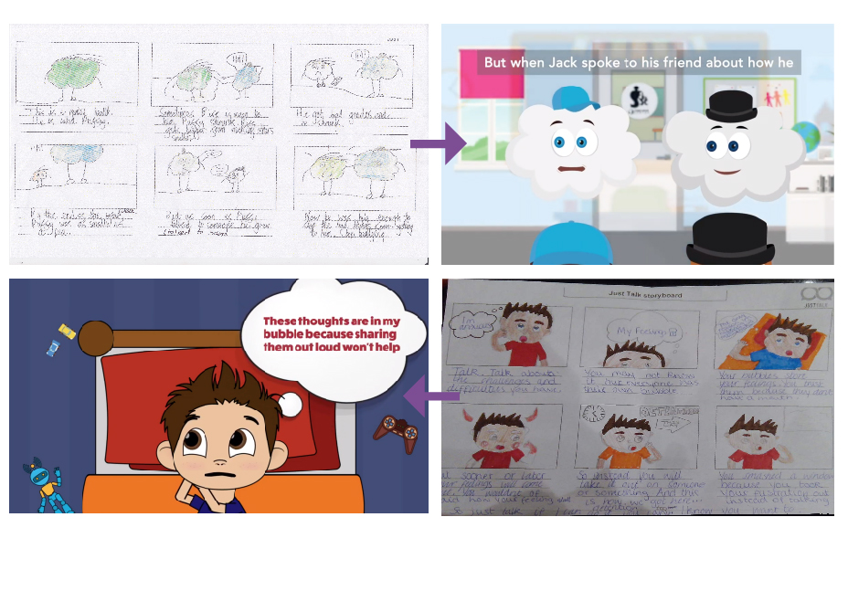 The Just Talk animation initial storyboards alongside the animated version of the same scene.