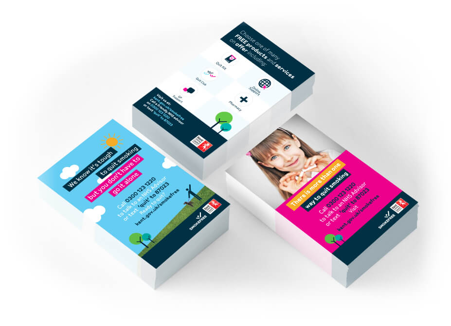 Three designed business cards for the Kent Smoke free campaign.