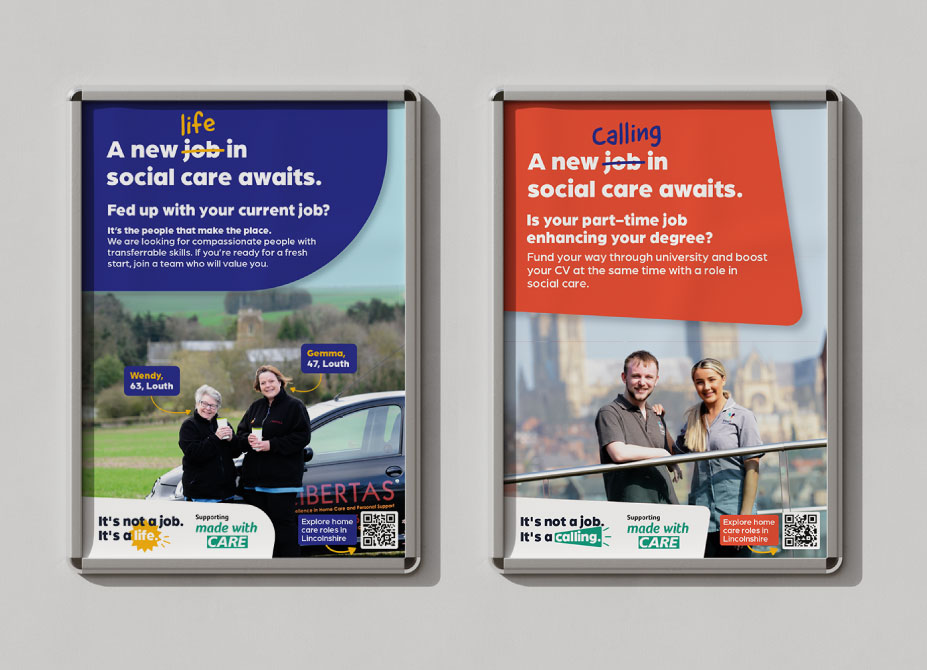 2 campaign branded posters featuring imagery of Lincolnshire based carers.
