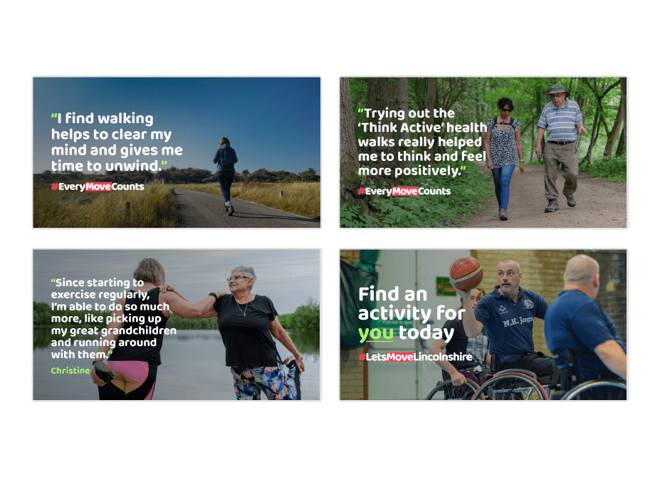 A collection of Let's Move Lincolnshire branded social media posts displaying residents of Lincolnshire walking, exercising and playing wheelchair Basketball.