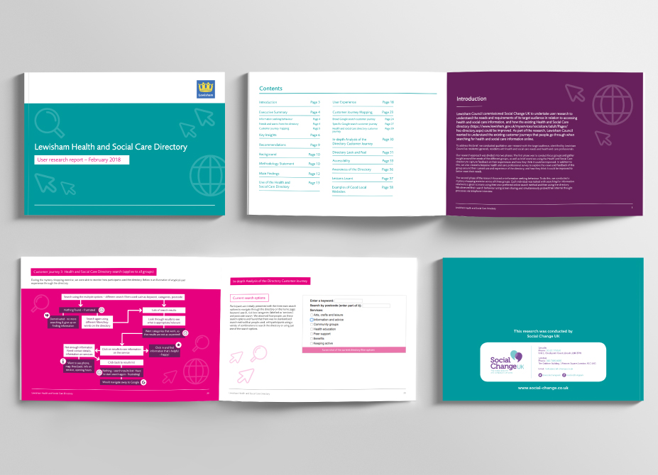 Four reports laid are flat to show the front and back covers as well as inside page designs.