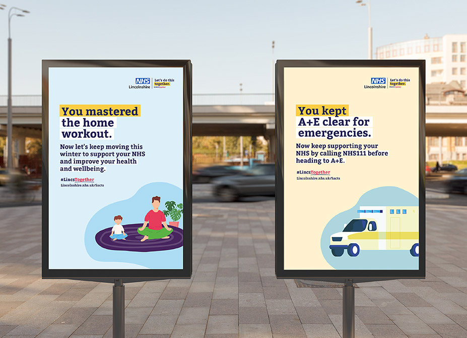 2 digital campaign posters providing advice on how to protect the NHS in a busy town centre.