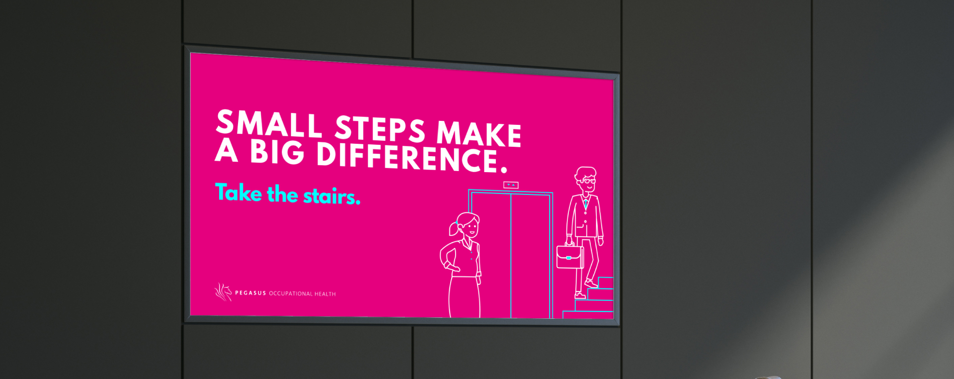 A bright digital display suggesting employees use the stairs rather than waiting for an elevator.