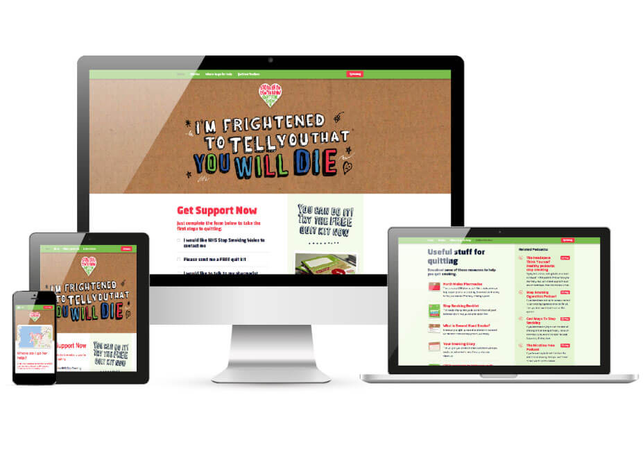 A mobile, tablet, computer and laptop are all displaying the Quit For Them campaign website.
