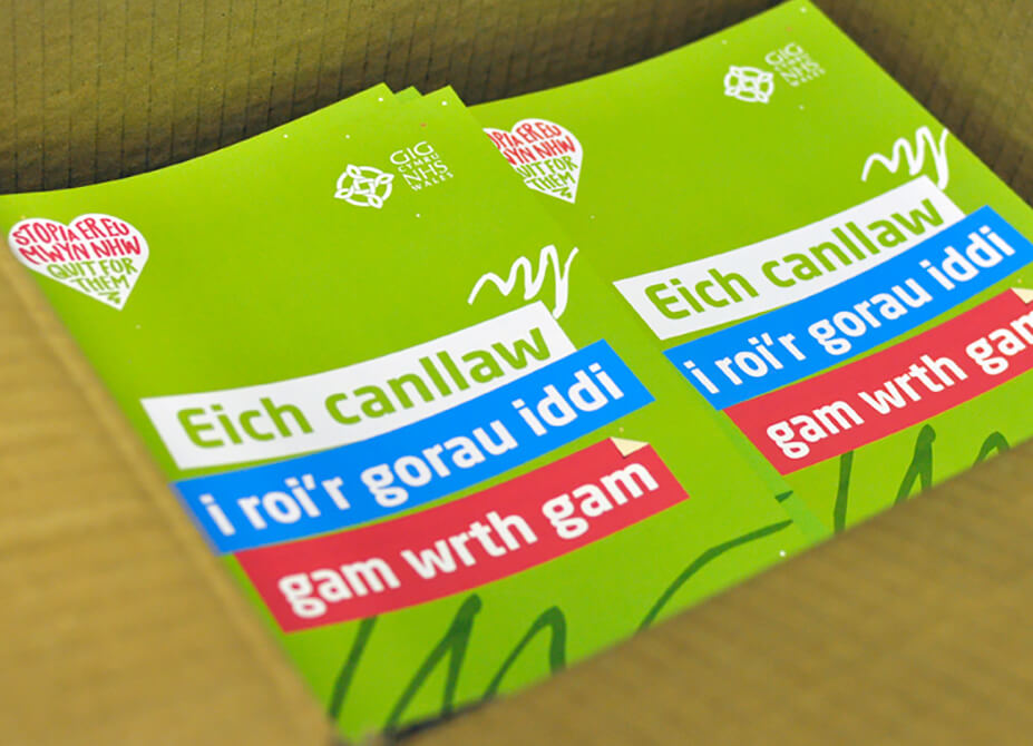 A green leaflet, designed and printed in Welsh for the 'Quit For Them' campaign.