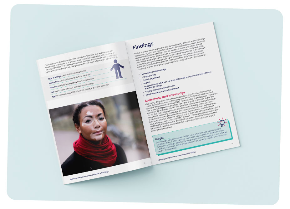 An open spread of the report displaying pages featuring insights, findings and an image of a young woman with Vitiligo.