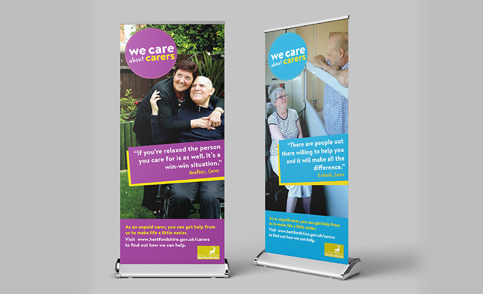 Two pop-up banner designs featuring carers with their care user.
