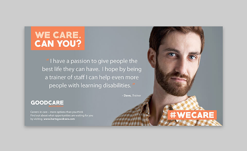 A poster design featuring a young male care trainer with a quote about their work.